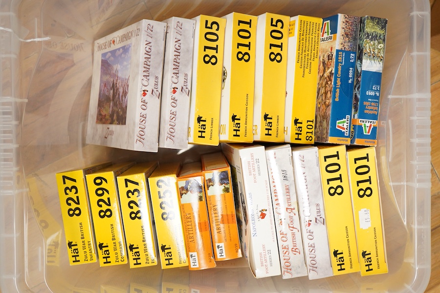 Thirty-one military themed plastic kits by HaT, Italeri, House of Campaign, 1:72 scale mainly early 19th century figures and accessories including the Peninsula War, Napoleonic campaigns, etc., generally appear to be unu